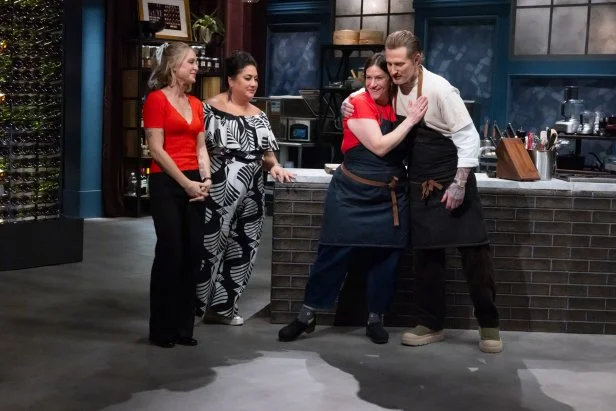 Chef Sara Bradley, Titans Brooke Williamson, Michael Voltaggio and Ayesha Nurdjaja in winner reveal, as seen on Bobby’s Triple Threat, Season 5