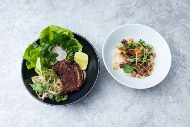 Titan Tiffany Derry's round 1 dishes, FRIED BEEF AND ASIAN PEAR WRAP,  MARINATED GRILLED SHORT RIB WITH GARLIC RICE AND PEAR MEDLEY, as seen on Bobby's Triple Threat,  Season 2