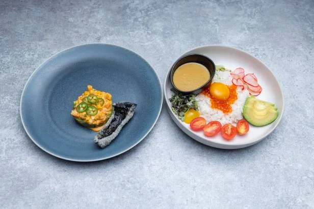 Chef Esther Choi's round 2 dishes, AVOCADO AND SHRIMP GUACAMOLE WITH A NORI RICE CHIP, AVOCADO BIBIMBAP WITH A SERRANO SESAME DRESSING, as seen on Bobby's Triple Threat,  Season 2