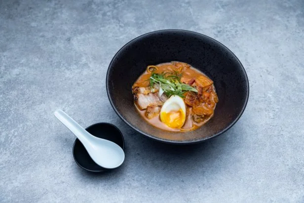 Chef Esther Choi final dish, PORK BELLY KIMCHI RAMEN WITH A KIMCHI BACON BROTH AND HANDMADE RAMEN NOODLES, as seen on Bobby's Triple Threat,  Season 2