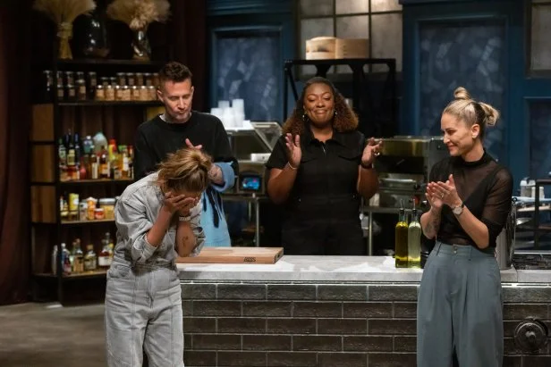 Titans Brooke Williamson, Michael Voltaggio and Tiffany Derry and Chef Esther Choi in winner reveal, as seen on Bobby's Triple Threat,  Season 2