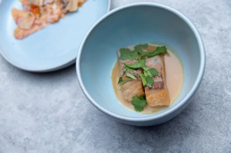 salmon nanban in vinegar miso dashi with a brown butter miso sauce