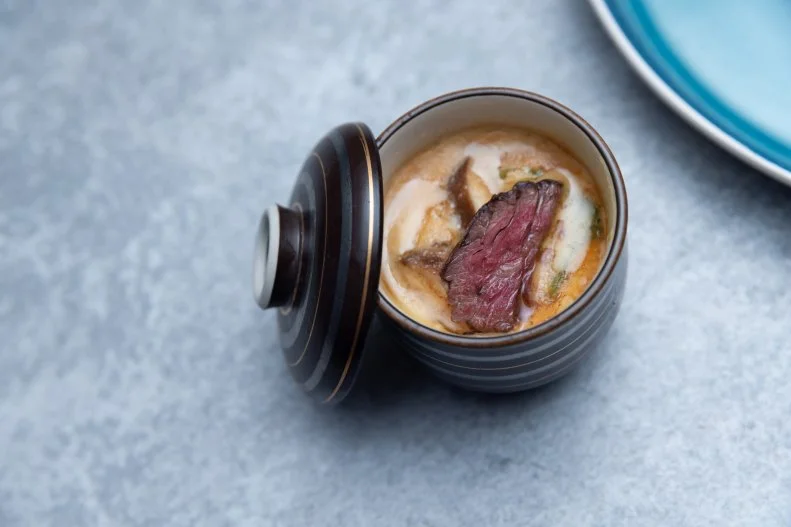 hanger steak chawanmushi with cheese dashi on Bobby's Triple Threat