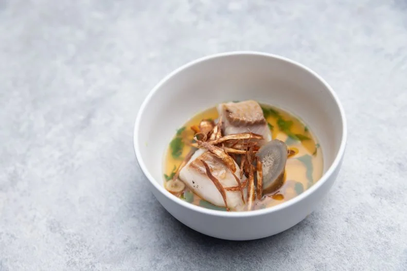 black cod burdock dashi soup with glazed burdock & cod stuffed burdock