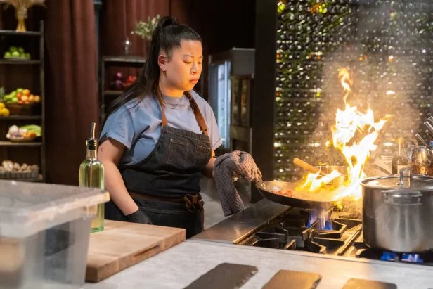 Chef Mei Lin prepares round 1 dish,  as seen on Bobby's Triple Threat,  Season 2