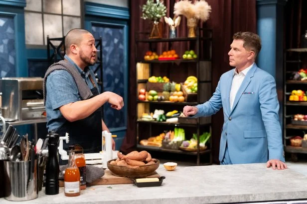 Chef Kevin Lee and Host Bobby Flay during Round 3, as seen on Bobby's Triple Threat, Season 3.