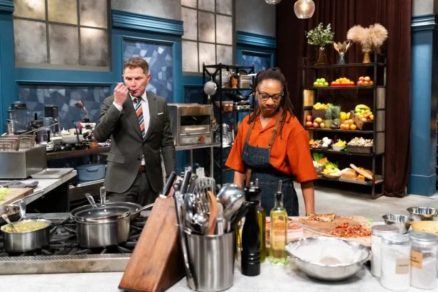 Host Bobby Flay and chef Ashleigh Shanti during Round 1, as seen on Bobby's Triple Threat, Season 3.