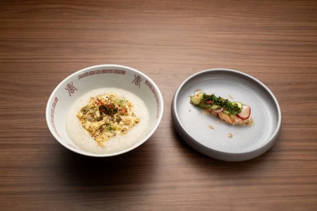 Chef Shirley Chung's Round 1 dishes, crab and ginger congee with mustard king crab beurre blanc, dressed with a mustard and fish roe topping chef, with king crab radish cucumber salad with a hot mustard dressing, and a mustard seed cilantro and mustard seed tiger tiger sauce, as seen on Bobby's Triple Threat, Season 3.