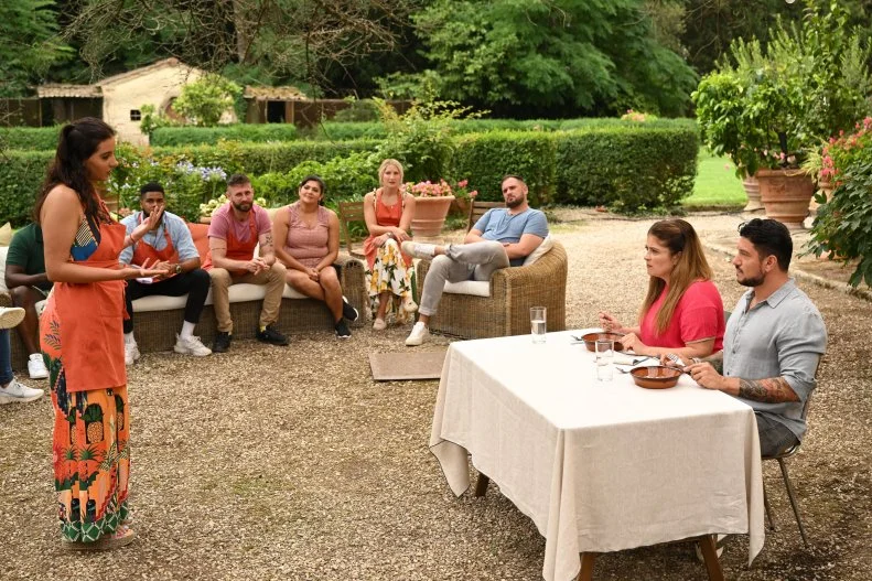 Judges Alex Guarnaschelli & Gabriele Bertaccini sample the contestants first dish, as seen on Ciao House Season 1