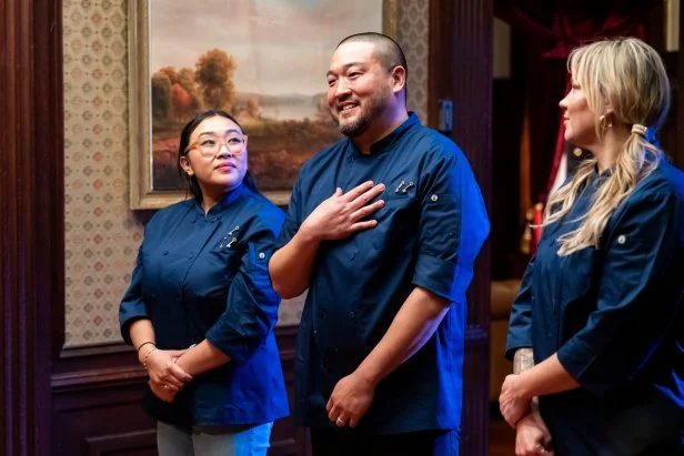 Chefs Nini Nguyen, Kevin Lee, and Brittanny Anderson react to judging of the Breakfast Menu Cook, as seen on Last Bite Hotel, Season 1.