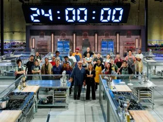 Hosts Michael Symon and Esther Choi with Contestants Brian Malarkey, Shota Nakajima, Zac Young, Viet Pham, Alex Stupak, Ara Zada, Antonello Zito, Trimell Hawkins, Anthony IIracane, Avishar Barua, Cris Brown, Joe Isidori, Molly Yeh, Lee Anne Wong, Maria Mazon, Michele Ragussis, Dawn Burrell, Olivia Ostrow, Lex Grant, Monique Cadavona, Christina Miros, Robyn Almodovar, Maryam Ishtiaq and Sam Fore, portrait, as seen on 24 in 24: Last Chef Standing, Season 3.