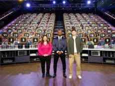 Host Terry Crews with judges Alex Guarnaschelli and Nick DiGiovanni in front of all contestants #1 - Justin Rowland, #2 - Antoinette Gangi, #3 - Maria Carrillo, #4 - Connor Bloch, #5 - Matt Santos, #6 - Yvette Marquez, #7 - Alexandra Jack, #8- Justin LaCalamita, #9 - Manny Washington Jr, #10 - Liz Della Croce, #11- Kayla Zenner, #12 - “Gena Je” Jefferson, #13 - Jordan Ngatikaura, #14 - Keloni Kamalani, #15 - Brooke Esposito, #16 - Mark Canha, #17 - Maya Christian, #18 - Aria Christian, #19 - Angel Gutierrez, #20 - Nikki Apostolou, #21 - Matthew Han, #22 - Scott Russell, #23 - Sophia Russell, #24 - Danielle Caminiti, #25 - Zo Laspada, #26 - Andrea Russett, #27- Alex Phillips, #28 - Ana Nelson, #29 - Marcus Wilson, #30 - Nupur Mehta, #31 - Melanie Pelaez, #32 - Matthew Rubin, #33 - Chris Joe , #34- Maxine Chikumbo, #35 - Eileen Kelly, #36 - Leanna Pierre, #37 - Jacques-Elie Pierre, #38 - Amy Decker, #39 - Bryce Stubbs, #40- Genevieve ‘GiGi” Ashworth, #41- Zac Bates, #42 - Christine Lee, #43 - Eduardo Herrera, #44 - Johnnie Vassar, #45 - Fariyal Bhatti, #46 - Steel Russell, #47 - Priya Lakshminarayan, #48 - Raphaella Silva, #49 - Asa Glass, #50 - CJ Volkmann, #51- Josh Williams, #52 - Bella Castillo, #53 - Tani Belliston, #54 - Sruly Meyer, #55 - Brianna Conley, #56 - Jeff McCoy, #57 - Evie Hernandez, #58 - Sherry Sabbagh, #59 - Brian Mellott, #60 - Cody Spaulding, #61 - George Deacon, #62 - Charly Hang, #63 - Alexia Digiglio Mancini, #64 - Lisa Gilmore, #65 - Sheyna Patel, #66 - Douglas Chau, #67 - Jackie Vitiello, #68 - Ciria Gibbons, #69 - Kim Sherry, #70 - Bill Roberts, #71 - Melanie Cagle, #72 - Glen Kvadus, #73 - Andrew Gonzalez, #74 - Emily Teuscher, #75 - Juan Givens, Jr., #76 - Rachel Feeney, #77 - Nicholas Perrone, #78 - Jacob Knight, #79 - Thomas Meyer, #80 - Marissa Mejia Panis, #81 - Michele Monroe, #82 - Chris Dorrah, #83 - Nick Altieri, #84 - Kim Alexander, #85 - Elyse Borchardt, #86 - Thomas Sullivan, #87 - Clarice “Rece” Eze, #88 - Arya Fakhimi, #89 - Matt Goodman, #90 - Lauren Leblanc, #91 - Soo Naert, #92 - Tarun Sinha, #93 - Troy Garner, #94 - Susie Weinrich, #95 - Holley Francis, #96 - Gerry Glenn, #97 - Eric Bridges, #98 - Hannah Baxter, #99 - Kyra Hungerford, #100 - Mike Martin, as seen on 100 Cooks, Season 1.