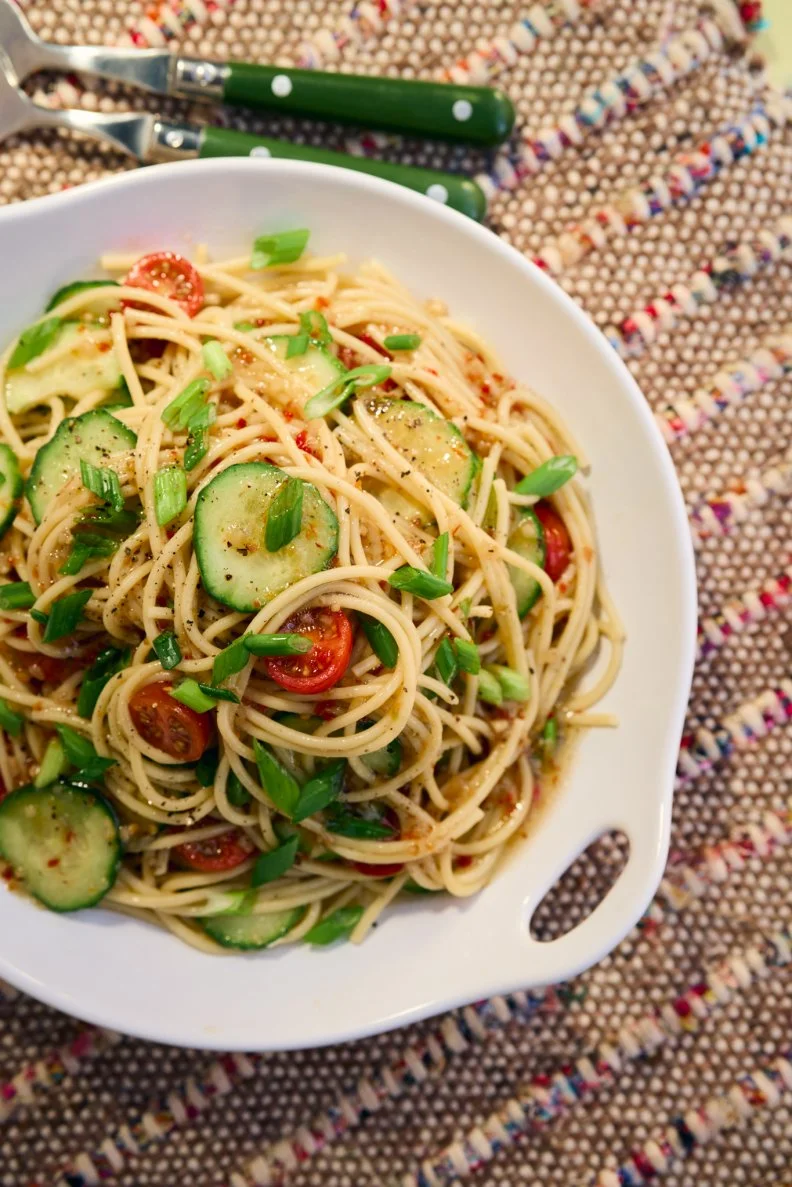 A dish of Ma's Cucumber Pasta Salad  made by Kardea Brown, author of Make Do With What You Have