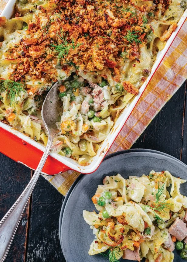 Tuna casserole with toasted bread crumbs and fresh dill.