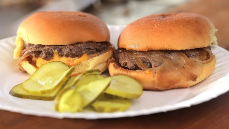 The Double Cheeseburger as served at White Manna in Hackensack, New Jersey, as seen on Triple D Nation, Season 4.