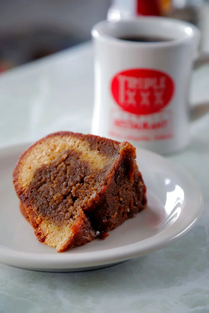 XXX Rootbeer Cake prepared by Chef/co-owner Greg Ehresman at Triple XXX Family Restaurant in West Lafayette, Indiana, as seen on Food Network's Triple D Nation, Season 7.