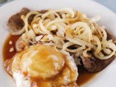 Liver and Onions as prepared by Chef Antonio Cervantes at White Palace Grill in Chicago, Illinois, as seen on Food Network's Triple D Nation, season 8.