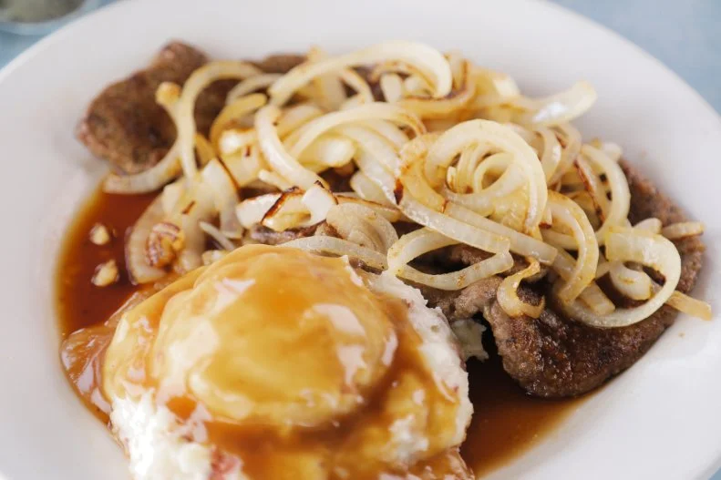 Liver and Onions as prepared by Chef Antonio Cervantes at White Palace Grill in Chicago, Illinois, as seen on Food Network's Triple D Nation, season 8.
