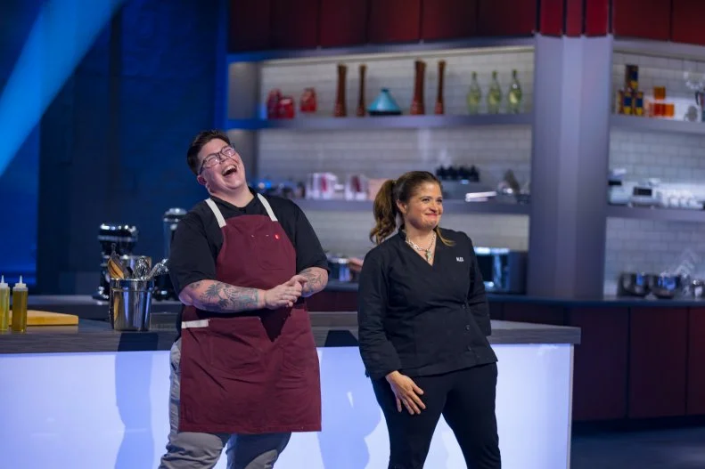 Host Alex Guarnaschelli with Contestant Britt Rescigno, as seen on Alex vs America, Season 2.