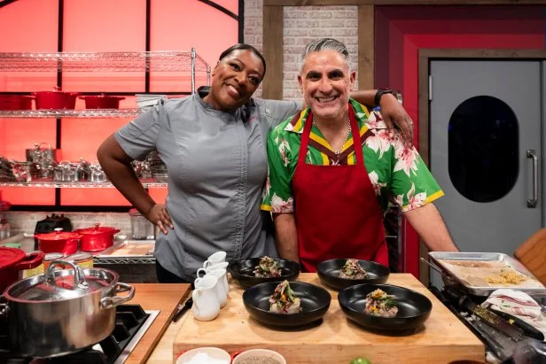 Host Tiffany Derry and recruit Reza Farahan menu 1st course: sea bream tartare, shirazi salad and cucumber broth, as seen on Worst Cooks in America, Season 30.