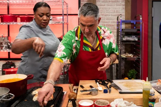 Host Tiffany Derry and recruit Reza Farahan menu 2nd  course: lobster & clam red thai curry, as seen on Worst Cooks in America, Season 30.