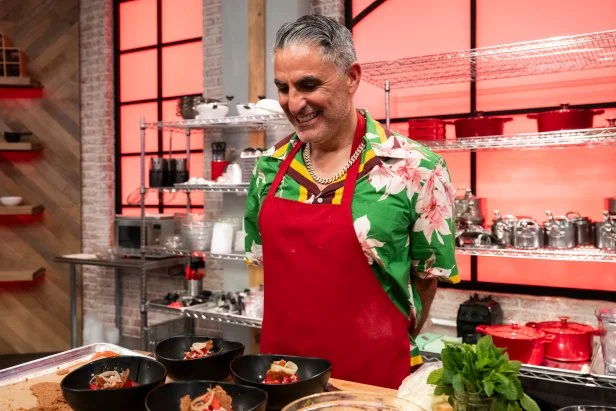 Host Tiffany Derry and recruit Reza Farahan menu 3rd course: chilled strawberry rhubarb soup, mascarpone, pink peppercorns, as seen on Worst Cooks in America, Season 30.