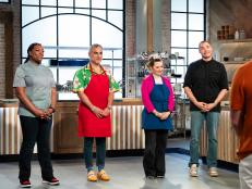 Hosts Tiffany Derry and Jeff Mauro with recruits Reza Farahan and Beverley Mitchell, as seen on Worst Cooks in America, Season 30.
