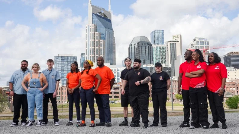 Savory Teams Stack Candid, L-R: Shawn Peterson, Madison Peterson, Dionne Lewis, Duana Lawrence, Sherman Clarke, Thomas Lomanno, Lisa Bosteels, Lekan Oketunji, Andrea Kamara, Ethel Kamara, as seen on The Great Food Truck Race, Season 19.