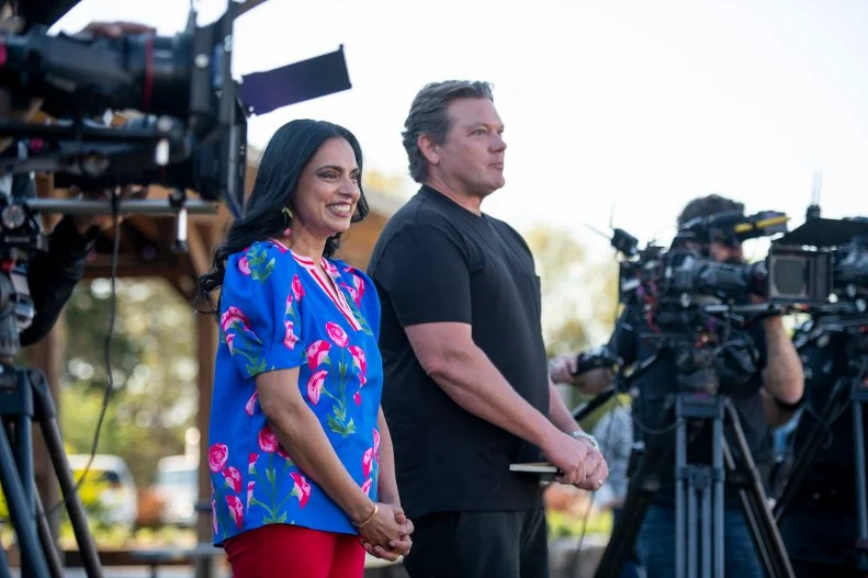 Host Tyler Florence with Guest Chef Maneet Chauhan, as seen on The Great Food Truck Race, Season 19.