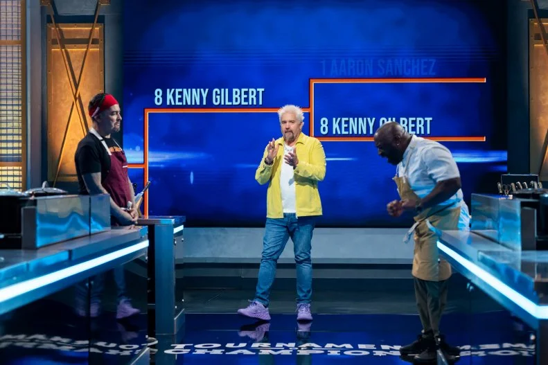 Host Guy Fieri with Contestants Aaron Sanchez and Kenny Gilbert, as seen on Tournament of Champions, Season 7.