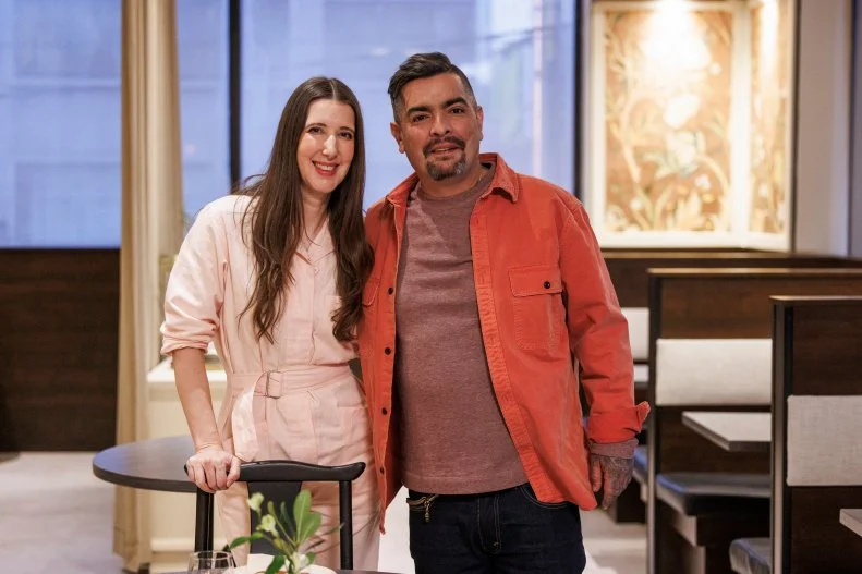 Jen Agg and Aaron Sanchez pose for portrait in resturant after design