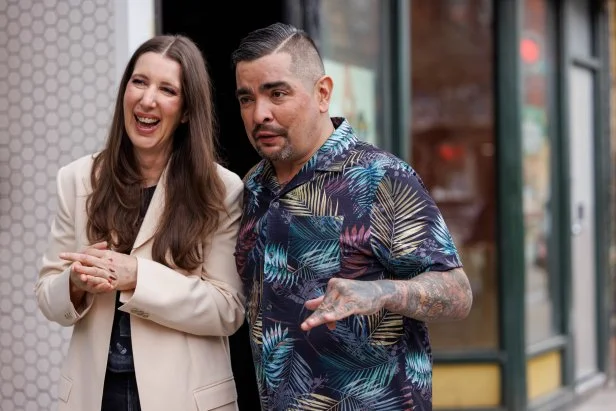 Aaron Sanchez and Jen Agg speaking outside the restaurant