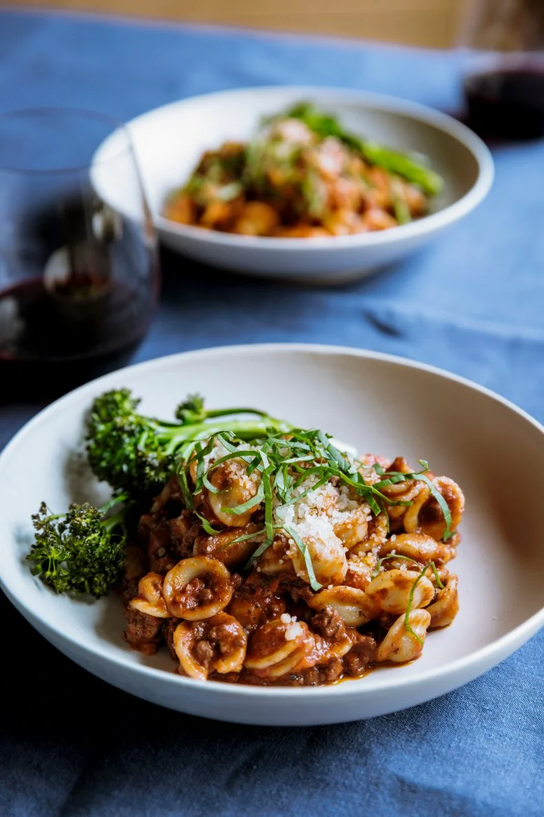 Close-up of Weeknight Bolognese and Roasted Broccolini, as seen on Be My Guest with Ina Garten, Season 7