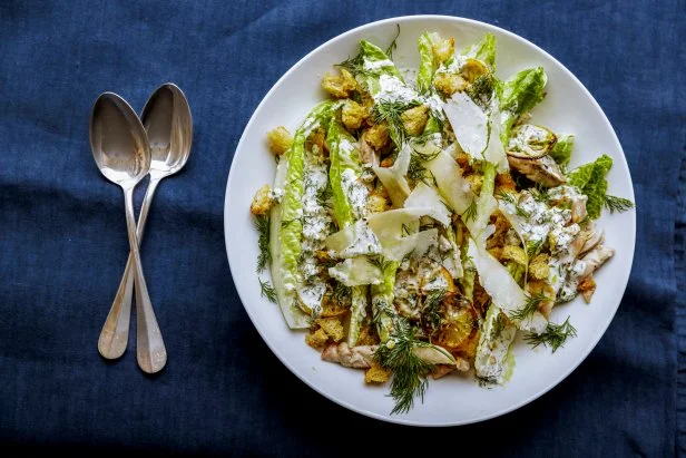 Close Up of Traybake Caesar Salad, as seen on Be My Guest with Ina Garten, Season 9