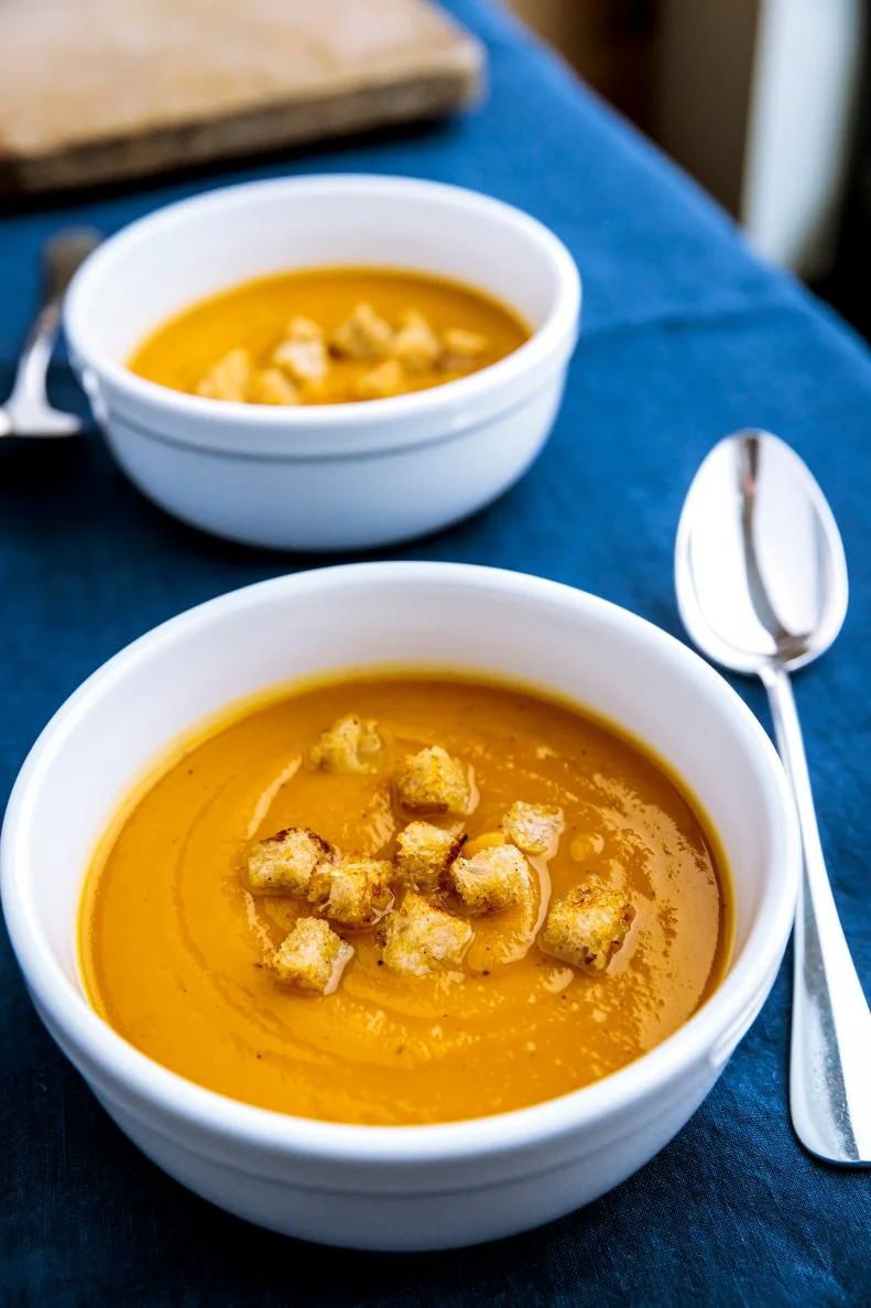 Close Up of Butternut Squash & Apple Soup as seen on Be My Guest with Ina Garten, Season 9