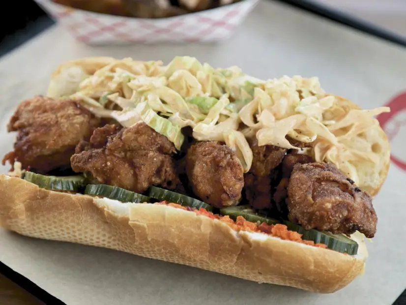 WTK Chicken Po'Boy Sandwich as prepared by chef/owner  Dan Crookston at Mean Sandwich in Seattle, Washington, as seen on Food Network's Diners Drive-Ins and Dives, season 44.