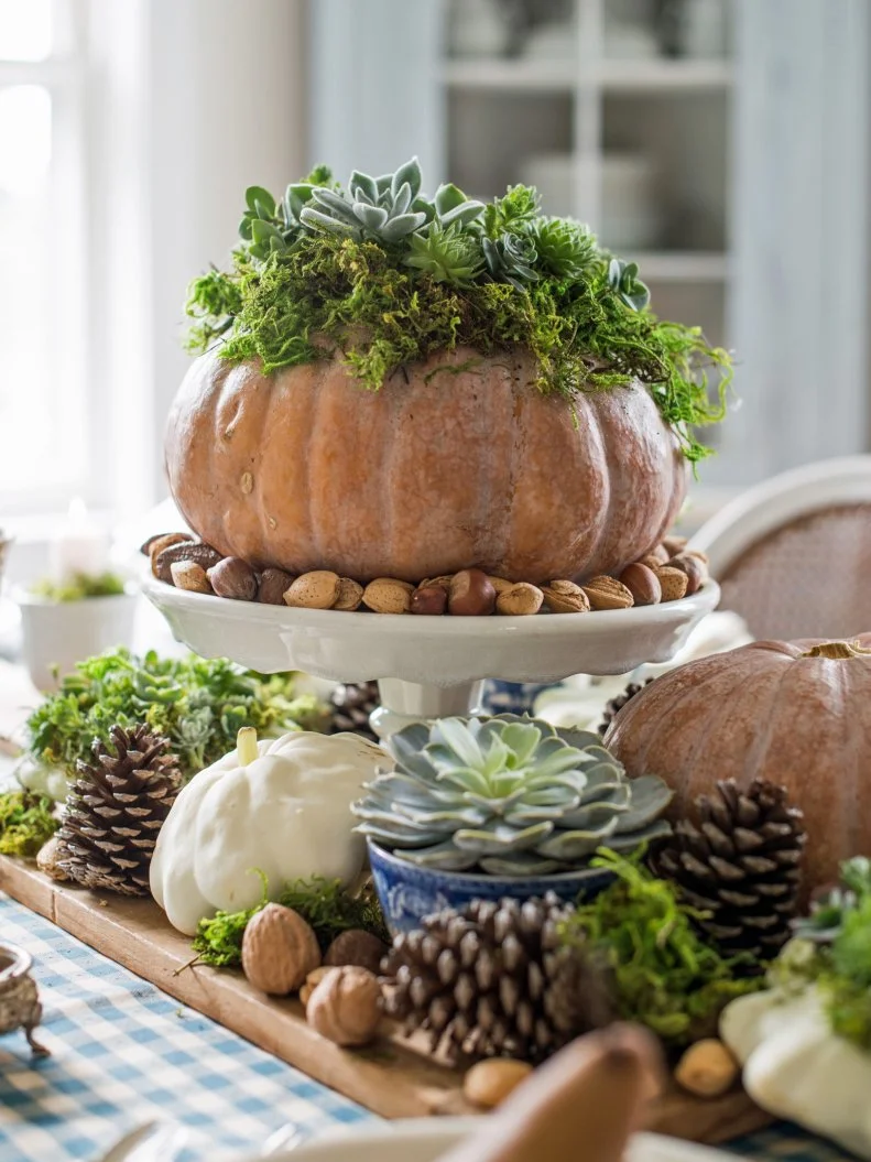 With succulents trending in home décor and gardening, it’s the perfect time to incorporate them in your holiday tablescape.  Live succulents are clipped and used to top off seasonal pumpkins and squash to make a dramatic centerpiece.