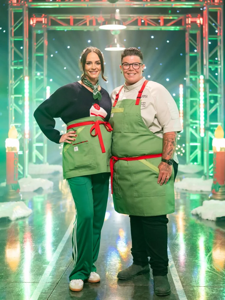Contestants Ashley Holt and Britt Rescigno pose, as seen on Tournament of Champions: All-Star Christmas, Season 2.