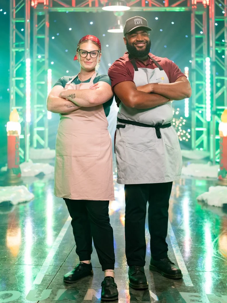 Contestants Molly Coen and Chayil Johnson pose, as seen on Tournament of Champions: All-Star Christmas, Season 2.