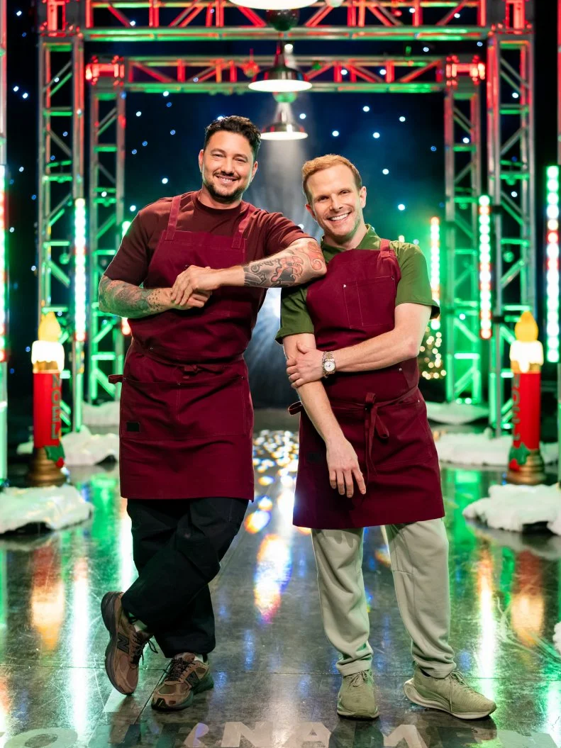 Contestants Gabe Bertaccini and Zac Young pose, as seen on Tournament of Champions: All-Star Christmas, Season 2.