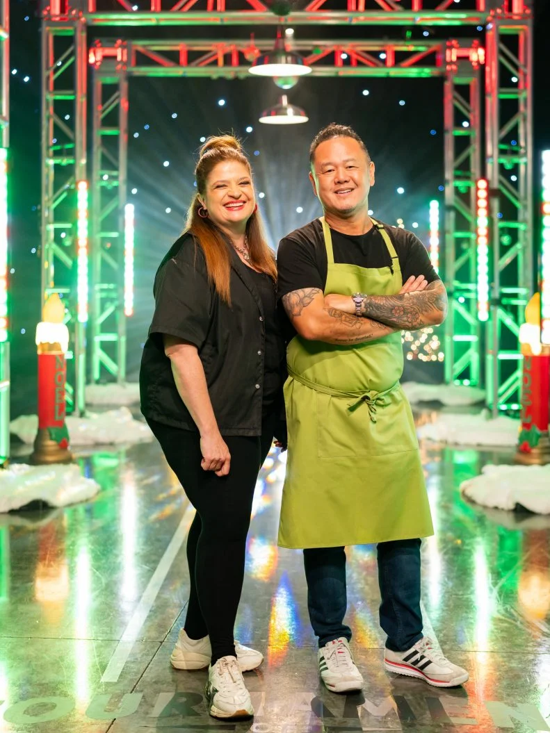 Contestants Alex Guarnaschelli and Jet Tila, as seen on Tournament of Champions: All-Star Christmas, Season 2.