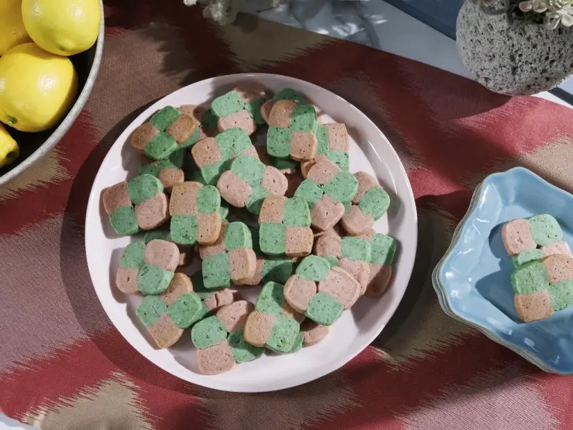 Alex Guarnaschelli's Matcha Strawberry Checkerboard Cookies Beauty, as seen on The Kitchen, Qatar Special.