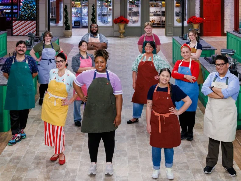 Contestants Finian Belson, Montanna Brumfield, Dyana O'Brien, Christina Schumacher, Jean Andrew, Hailey Lemberger, Curtis Scott, Jessie Lopez, Andy De La Cruz, Isabell Manibusan, Jeremy Intille and Audri Fleming, portrait, as seen on Holiday Baking Championship, Season 13.