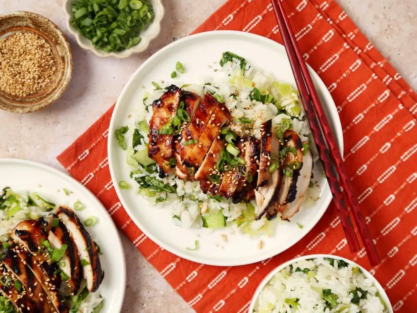 Michael Tchao's Sneaky Bok Choy Rice with Sticky Ginger-Tamari Chicken Thighs for FN's Hot List. 