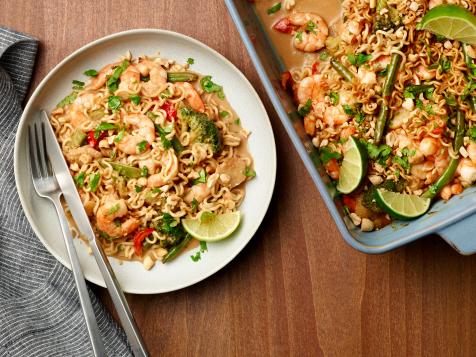 Spicy Peanut, Shrimp and Ramen Bake