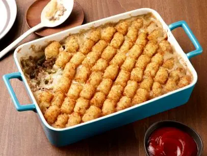Molly Yeh's Classic Beef Tot Hotdish for the New Book Release Dinner Party episode of Girl Meets Farm, as seen on Food Network.