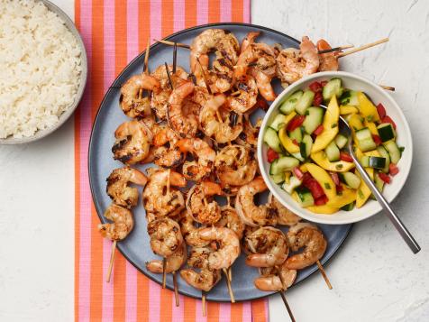 Ana's Grilled Garlic Shrimp over Coconut Rice with Mango Cucumber Salad and Guava Dressing