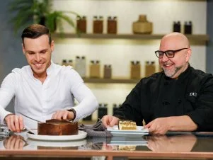 Guest Judge Amoury Guichon and Judge Duff Goldman taste, as seen on The Ultimate Baking Championship, Season 1.