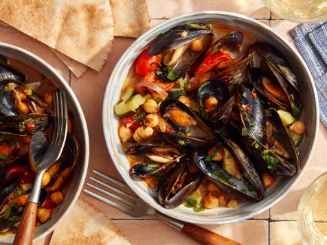 Mussels and Chickpeas in Harissa Broth