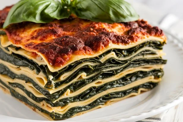 A close up photo of a spinach lasagna